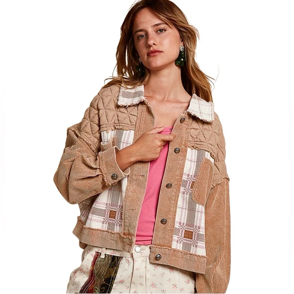 POL Corduroy Jacquard Patchwork Button Up Jacket Tan Multicolor Size S,M,L New - Picture 3 of 16